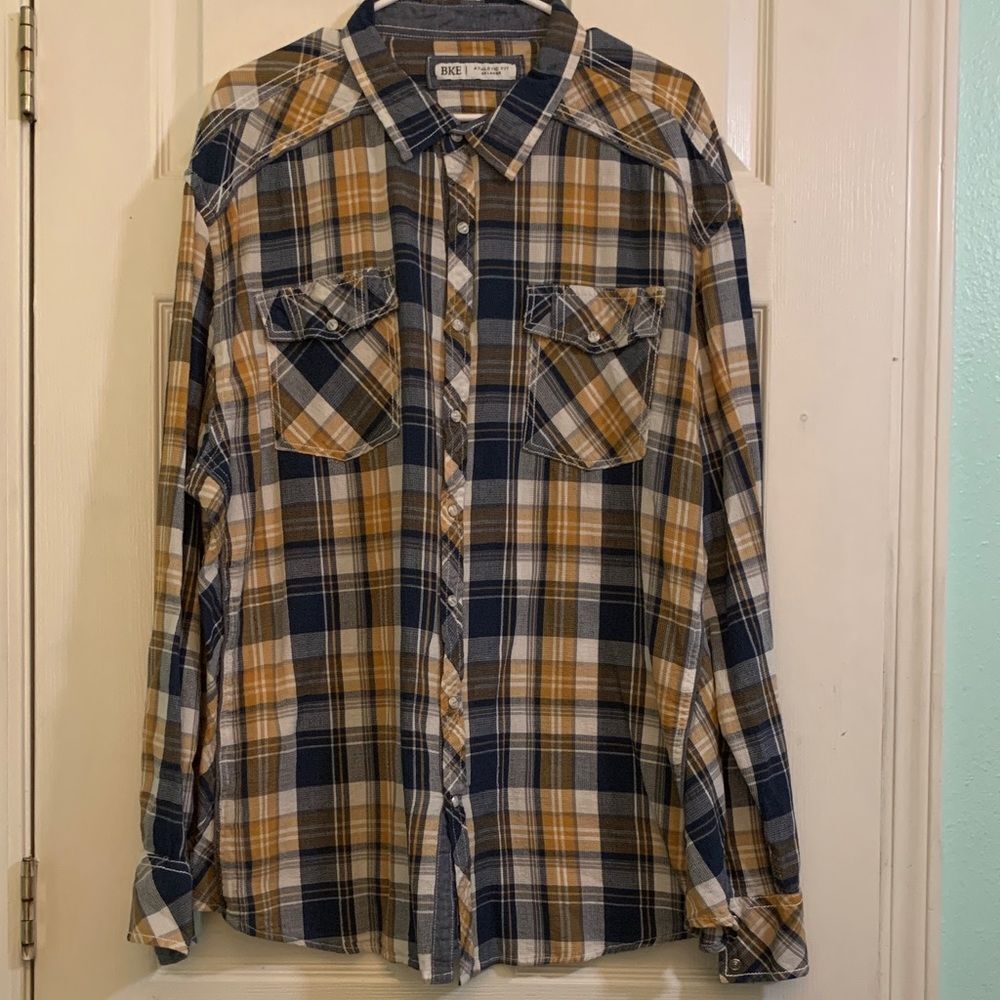BKE Blue and Yellow Plaid Pearl Snap Athletic Fit Long Sleeve Shirt Size 3XL
